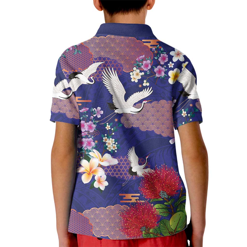 Hawaiian and Japanese Culture Together Kid Polo Shirt Blue Ohia Lehua Plumeria and Sakura Blooming LT03 - Polynesian Pride