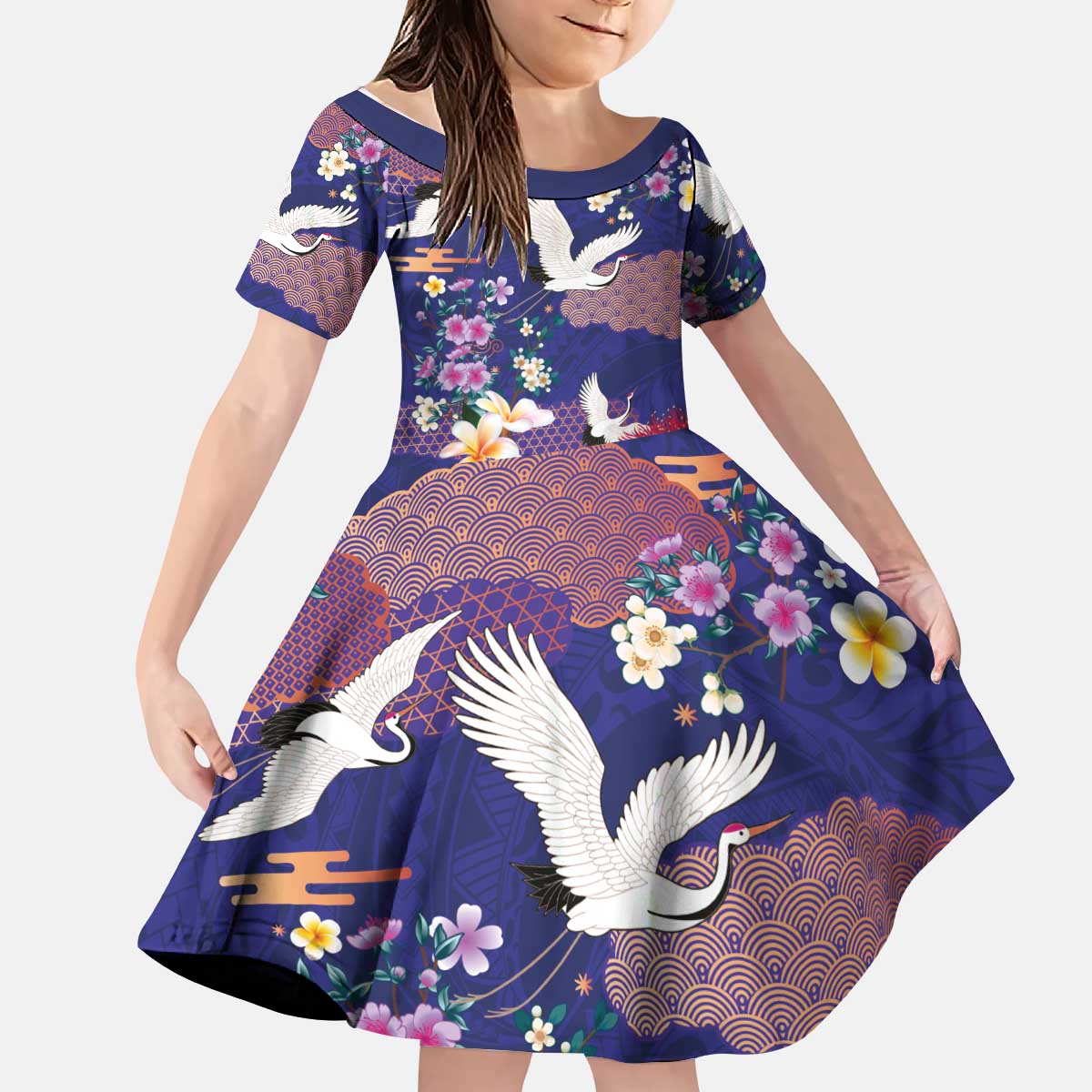 Hawaiian and Japanese Culture Together Kid Short Sleeve Dress Blue Ohia Lehua Plumeria and Sakura Blooming LT03 KID Blue - Polynesian Pride
