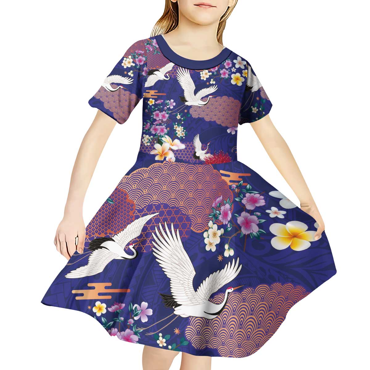 Hawaiian and Japanese Culture Together Kid Short Sleeve Dress Blue Ohia Lehua Plumeria and Sakura Blooming LT03 - Polynesian Pride