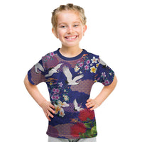 Hawaiian and Japanese Culture Together Kid T Shirt Blue Ohia Lehua Plumeria and Sakura Blooming LT03 Blue - Polynesian Pride