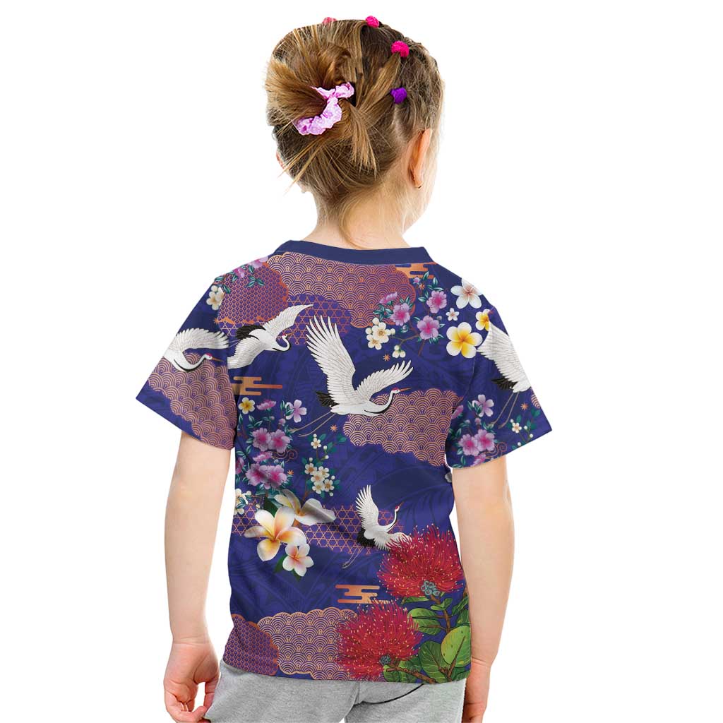 Hawaiian and Japanese Culture Together Kid T Shirt Blue Ohia Lehua Plumeria and Sakura Blooming LT03 - Polynesian Pride