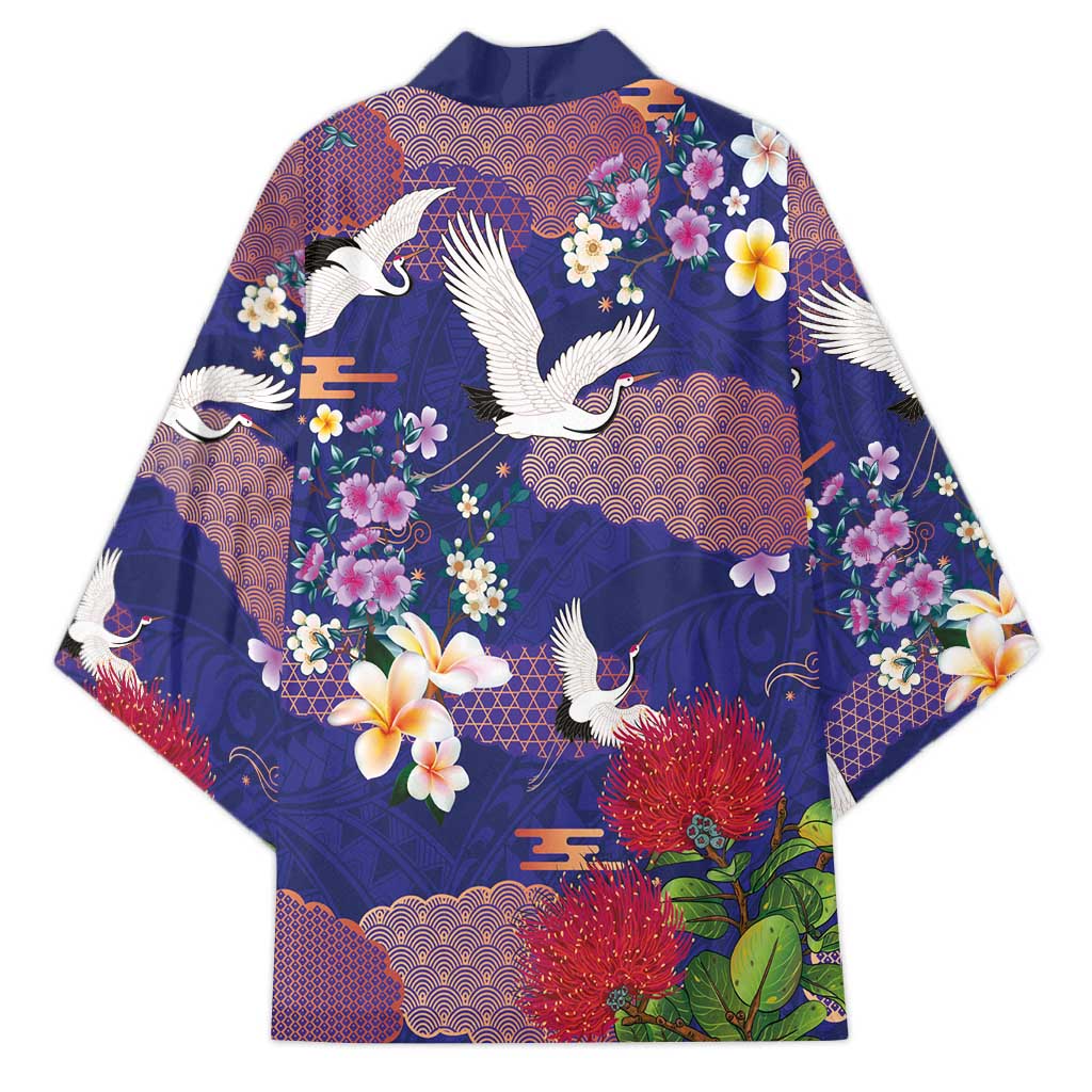 Hawaiian and Japanese Culture Together Kimono Blue Ohia Lehua Plumeria and Sakura Blooming LT03 - Polynesian Pride