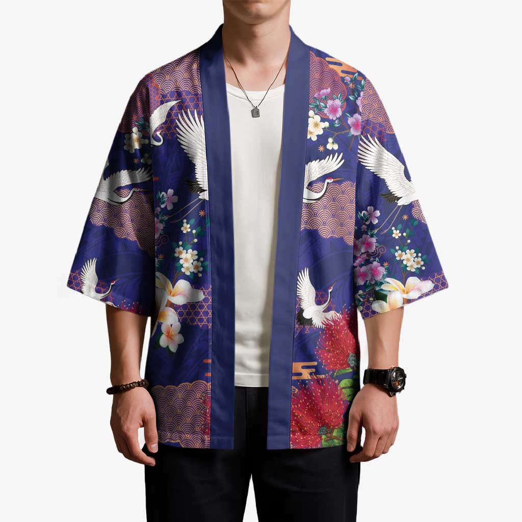 Hawaiian and Japanese Culture Together Kimono Blue Ohia Lehua Plumeria and Sakura Blooming LT03 - Polynesian Pride
