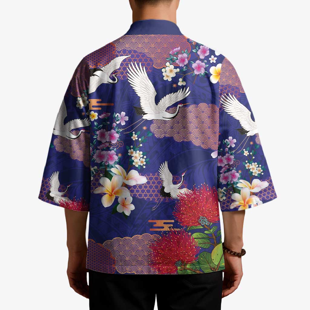 Hawaiian and Japanese Culture Together Kimono Blue Ohia Lehua Plumeria and Sakura Blooming LT03 - Polynesian Pride