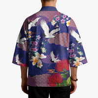 Hawaiian and Japanese Culture Together Kimono Blue Ohia Lehua Plumeria and Sakura Blooming LT03 - Polynesian Pride