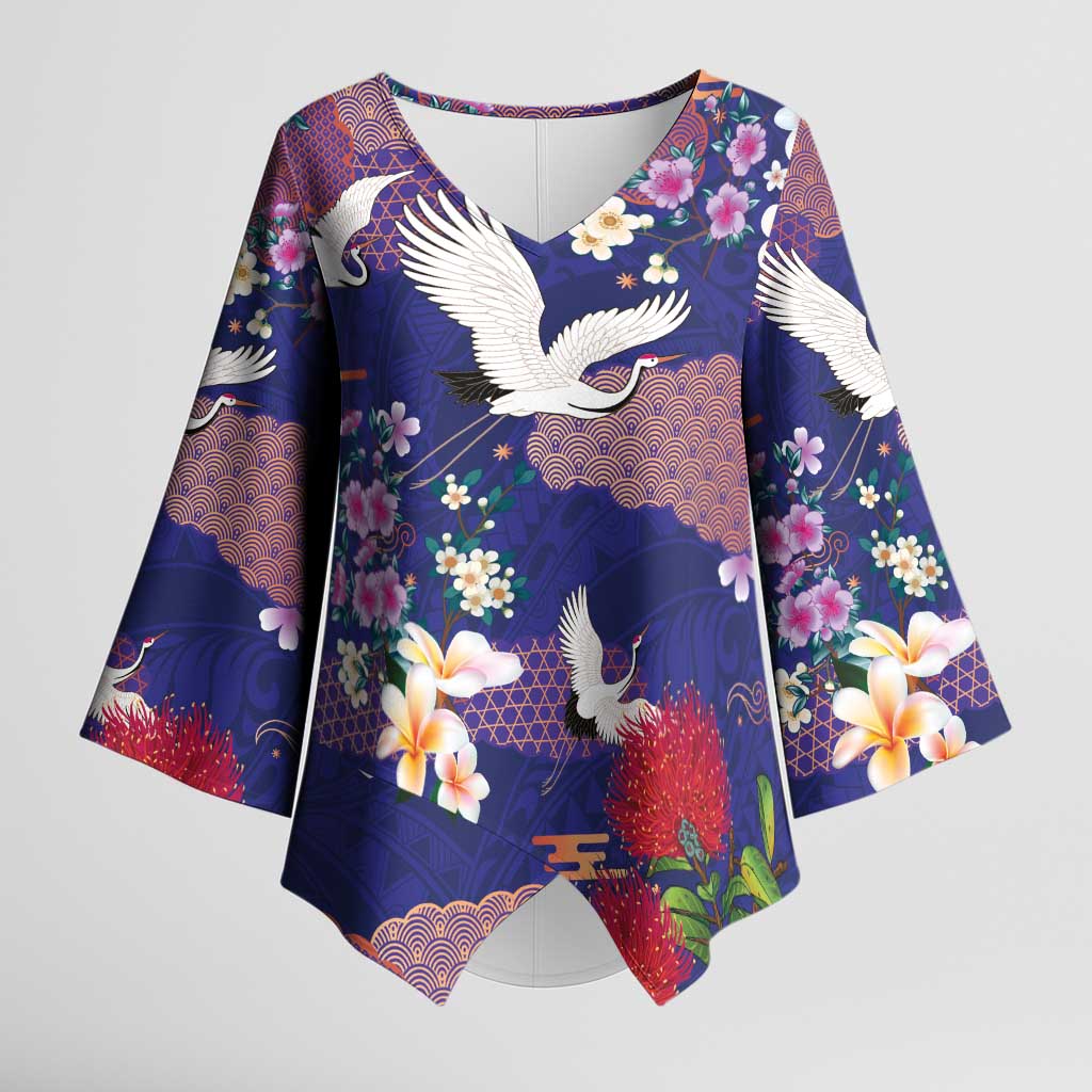 Hawaiian and Japanese Culture Together Kimono Sleeve Blouse Blue Ohia Lehua Plumeria and Sakura Blooming LT03 Female Blue - Polynesian Pride