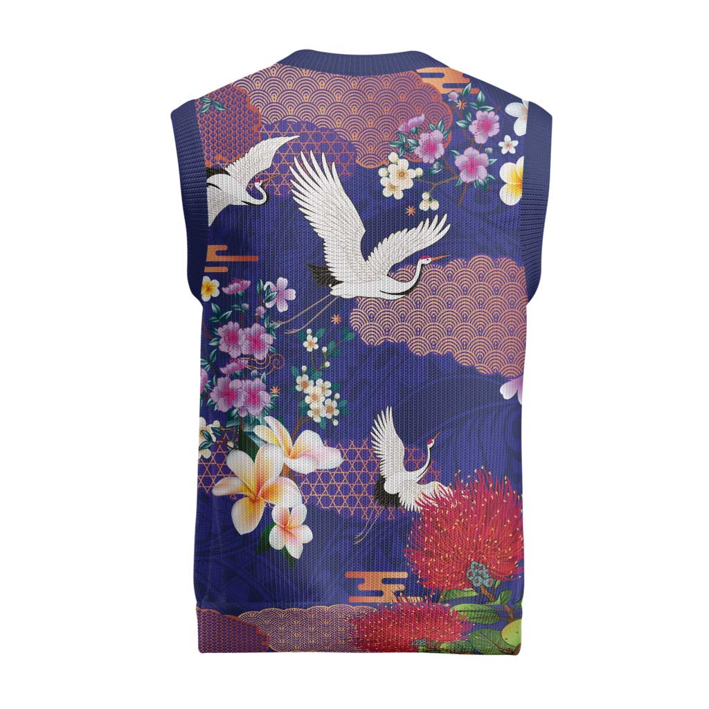 Hawaiian and Japanese Culture Together Christmas Knitted V-Neck Vest Blue Ohia Lehua Plumeria and Sakura Blooming LT03 - Polynesian Pride