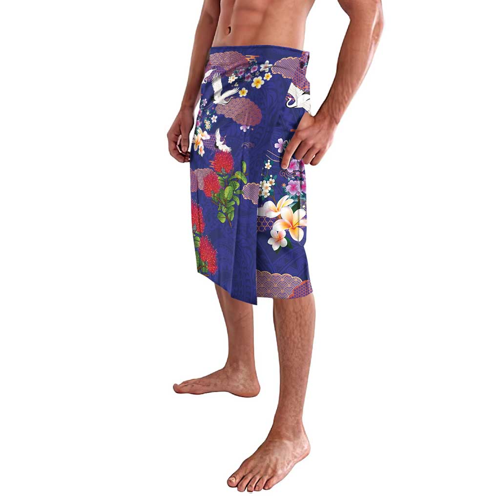 Hawaiian and Japanese Culture Together Lavalava Blue Ohia Lehua Plumeria and Sakura Blooming LT03 - Polynesian Pride
