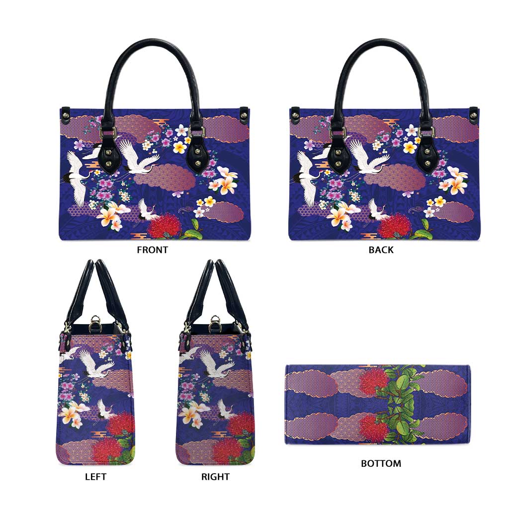 Hawaiian and Japanese Culture Together Leather Bag Blue Ohia Lehua Plumeria and Sakura Blooming LT03 - Polynesian Pride