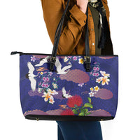 Hawaiian and Japanese Culture Together Leather Tote Bag Blue Ohia Lehua Plumeria and Sakura Blooming LT03 - Polynesian Pride
