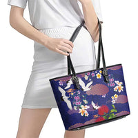 Hawaiian and Japanese Culture Together Leather Tote Bag Blue Ohia Lehua Plumeria and Sakura Blooming LT03 - Polynesian Pride