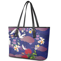 Hawaiian and Japanese Culture Together Leather Tote Bag Blue Ohia Lehua Plumeria and Sakura Blooming LT03 - Polynesian Pride