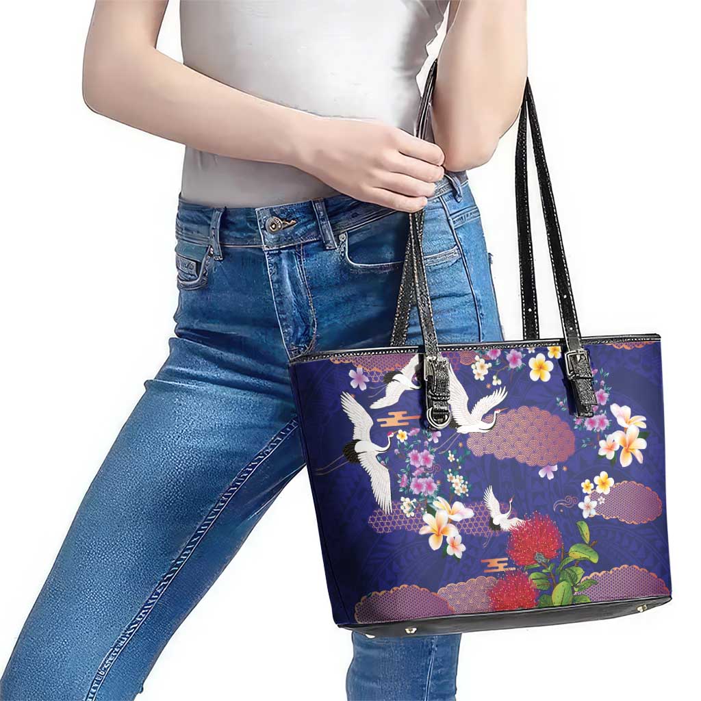 Hawaiian and Japanese Culture Together Leather Tote Bag Blue Ohia Lehua Plumeria and Sakura Blooming LT03 - Polynesian Pride