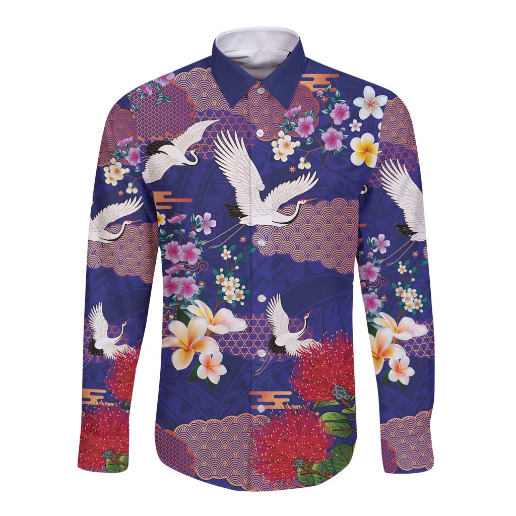 Hawaiian and Japanese Culture Together Long Sleeve Button Shirt Blue Ohia Lehua Plumeria and Sakura Blooming LT03 Unisex Blue - Polynesian Pride