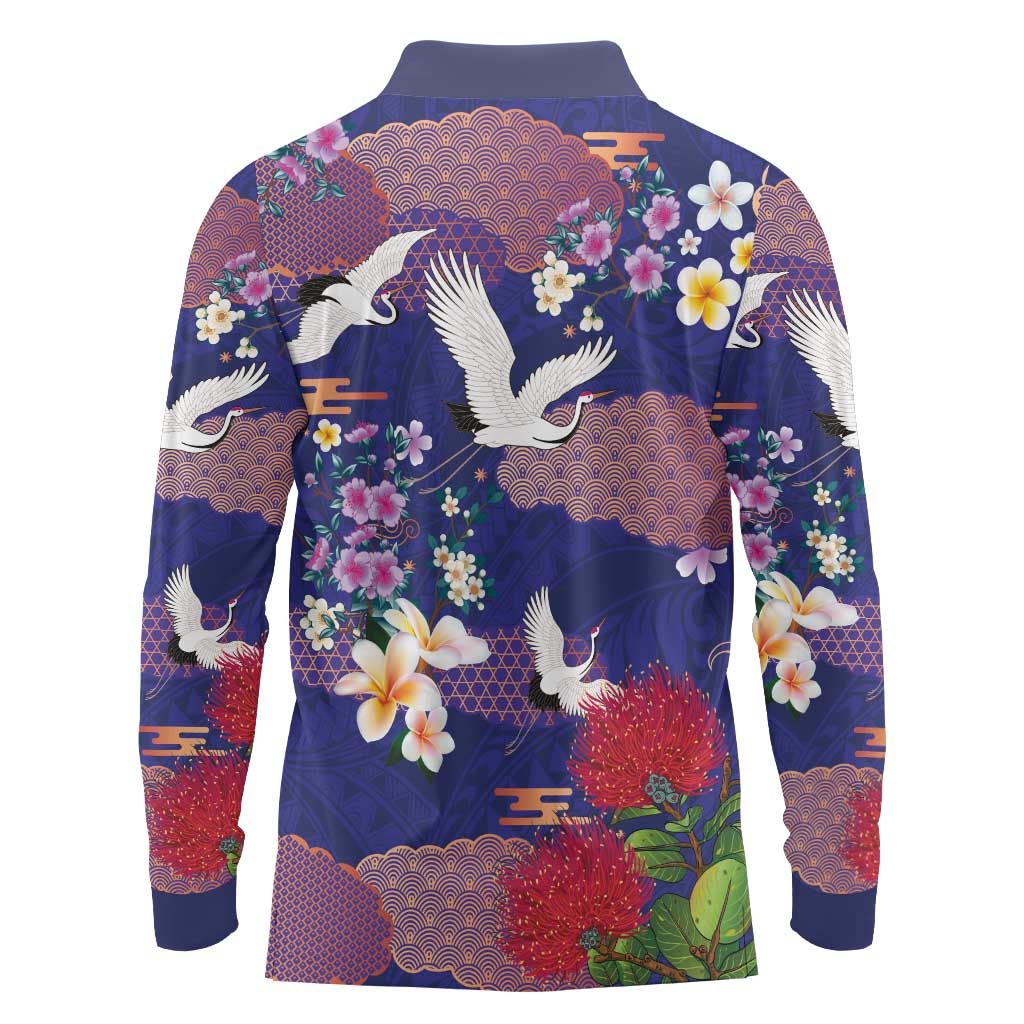 Hawaiian and Japanese Culture Together Long Sleeve Polo Shirt Blue Ohia Lehua Plumeria and Sakura Blooming LT03 - Polynesian Pride