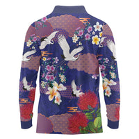 Hawaiian and Japanese Culture Together Long Sleeve Polo Shirt Blue Ohia Lehua Plumeria and Sakura Blooming LT03 - Polynesian Pride