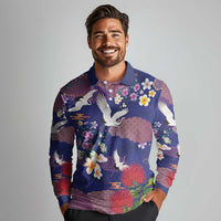 Hawaiian and Japanese Culture Together Long Sleeve Polo Shirt Blue Ohia Lehua Plumeria and Sakura Blooming LT03 - Polynesian Pride