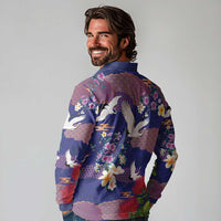 Hawaiian and Japanese Culture Together Long Sleeve Polo Shirt Blue Ohia Lehua Plumeria and Sakura Blooming LT03 - Polynesian Pride