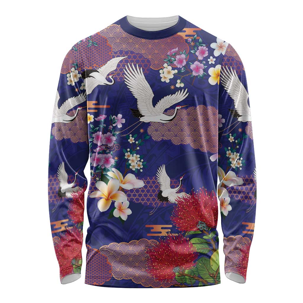 Hawaiian and Japanese Culture Together Long Sleeve Shirt Blue Ohia Lehua Plumeria and Sakura Blooming LT03 Unisex Blue - Polynesian Pride