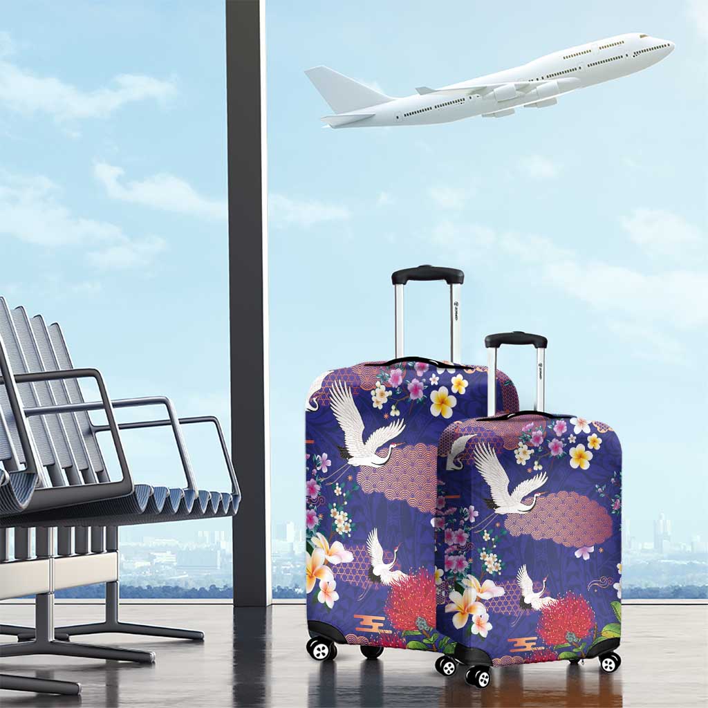 Hawaiian and Japanese Culture Together Luggage Cover Blue Ohia Lehua Plumeria and Sakura Blooming LT03 - Polynesian Pride