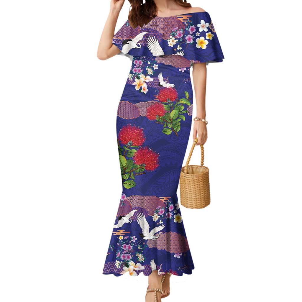 Hawaiian and Japanese Culture Together Mermaid Dress Blue Ohia Lehua Plumeria and Sakura Blooming - Polynesian Pride