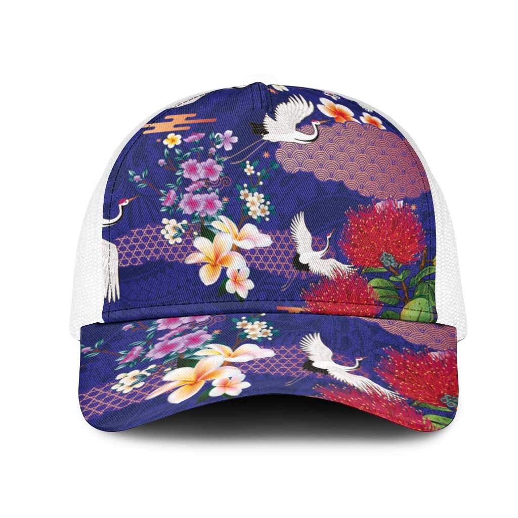 Hawaiian and Japanese Culture Together Mesh Trucker Cap Blue Ohia Lehua Plumeria and Sakura Blooming - Polynesian Pride