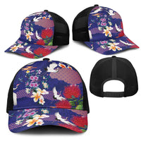 Hawaiian and Japanese Culture Together Mesh Trucker Cap Blue Ohia Lehua Plumeria and Sakura Blooming LT03 - Polynesian Pride