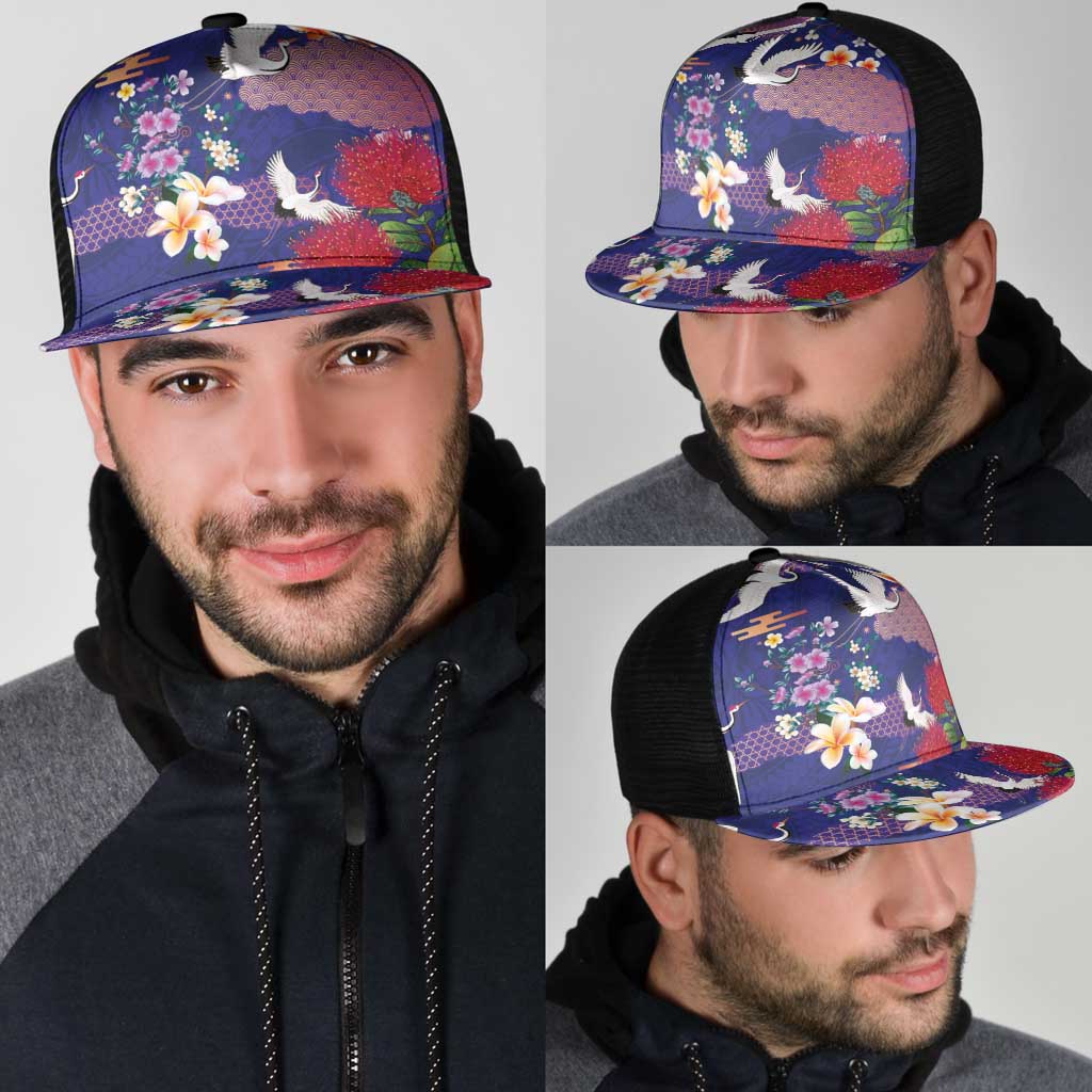 Hawaiian and Japanese Culture Together Mesh Trucker Cap Blue Ohia Lehua Plumeria and Sakura Blooming LT03 - Polynesian Pride