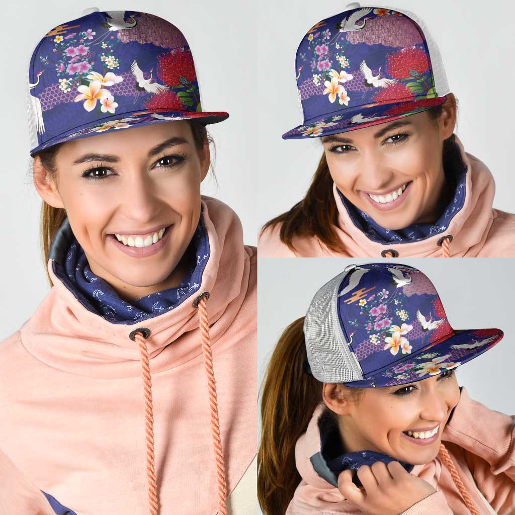 Hawaiian and Japanese Culture Together Mesh Trucker Cap Blue Ohia Lehua Plumeria and Sakura Blooming LT03 - Polynesian Pride