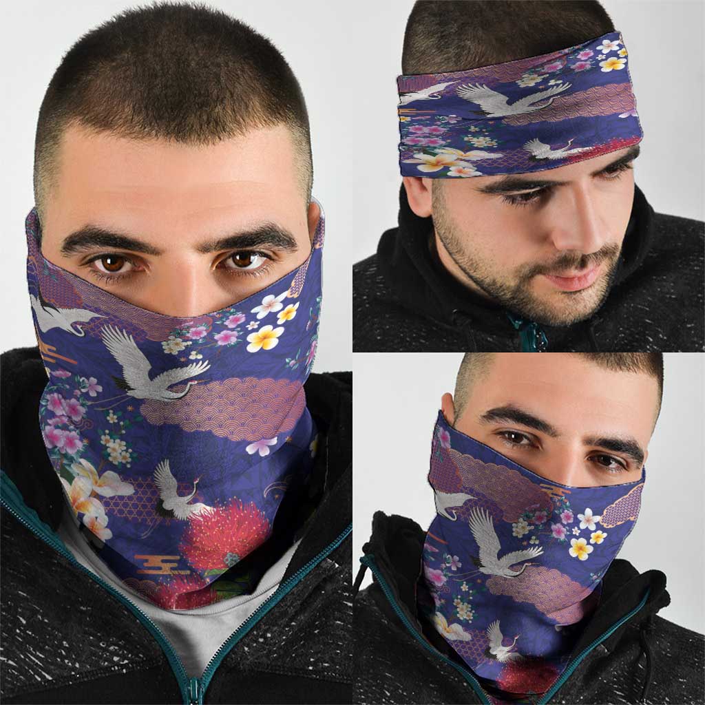 Hawaiian and Japanese Culture Together Neck Gaiter Blue Ohia Lehua Plumeria and Sakura Blooming LT03 - Polynesian Pride