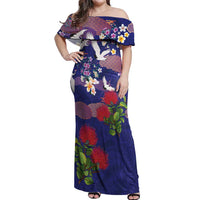 Hawaiian and Japanese Culture Together Off Shoulder Maxi Dress Blue Ohia Lehua Plumeria and Sakura Blooming LT03 Women Blue - Polynesian Pride
