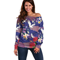 Hawaiian and Japanese Culture Together Off Shoulder Sweater Blue Ohia Lehua Plumeria and Sakura Blooming LT03 Women Blue - Polynesian Pride