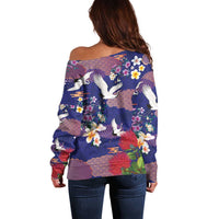 Hawaiian and Japanese Culture Together Off Shoulder Sweater Blue Ohia Lehua Plumeria and Sakura Blooming LT03 - Polynesian Pride