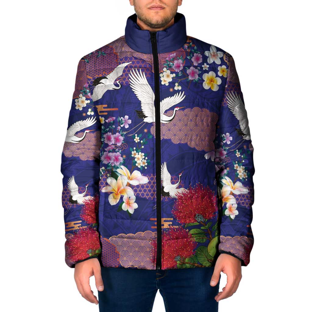 Hawaiian and Japanese Culture Together Padded Jacket Blue Ohia Lehua Plumeria and Sakura Blooming LT03 Men Blue - Polynesian Pride