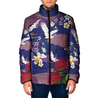 Hawaiian and Japanese Culture Together Padded Jacket Blue Ohia Lehua Plumeria and Sakura Blooming LT03 Men Blue - Polynesian Pride