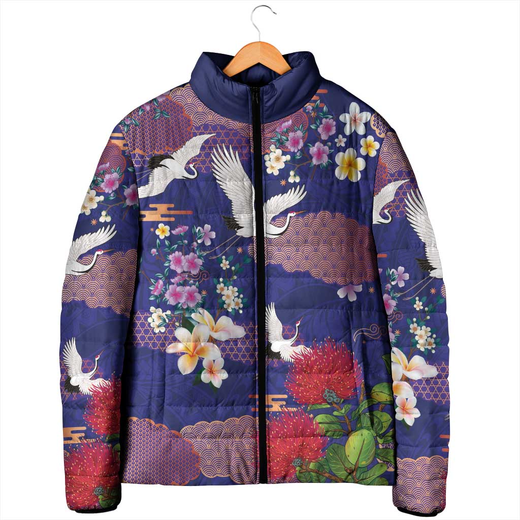 Hawaiian and Japanese Culture Together Padded Jacket Blue Ohia Lehua Plumeria and Sakura Blooming LT03 - Polynesian Pride
