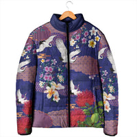 Hawaiian and Japanese Culture Together Padded Jacket Blue Ohia Lehua Plumeria and Sakura Blooming LT03 - Polynesian Pride