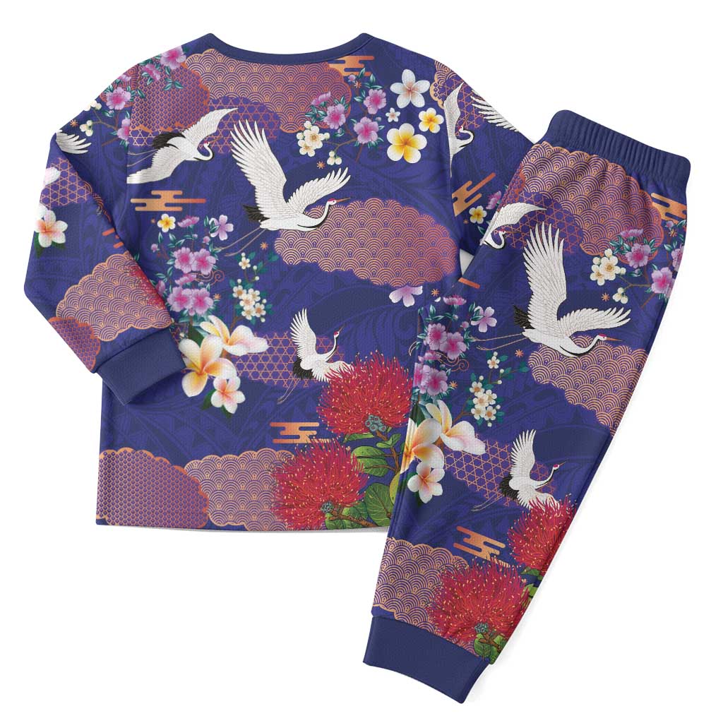 Hawaiian and Japanese Culture Together Christmas Pajama Set Blue Ohia Lehua Plumeria and Sakura Blooming LT03 - Polynesian Pride