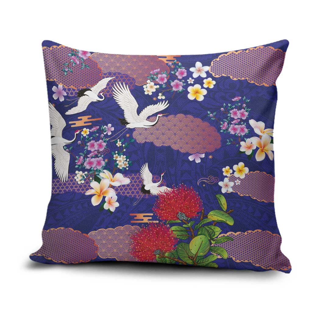 Hawaiian and Japanese Culture Together Pillow Cover Blue Ohia Lehua Plumeria and Sakura Blooming LT03 Blue - Polynesian Pride