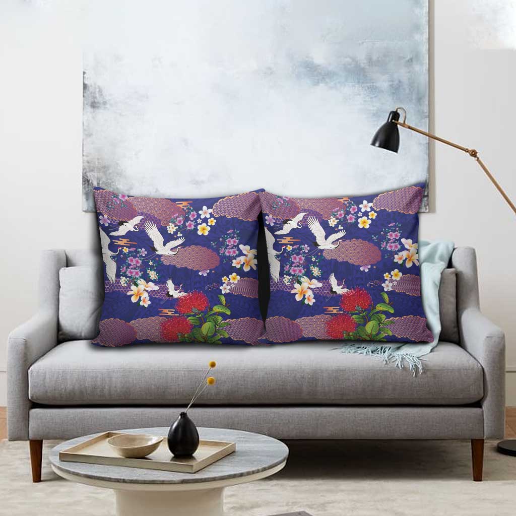 Hawaiian and Japanese Culture Together Pillow Cover Blue Ohia Lehua Plumeria and Sakura Blooming LT03 - Polynesian Pride