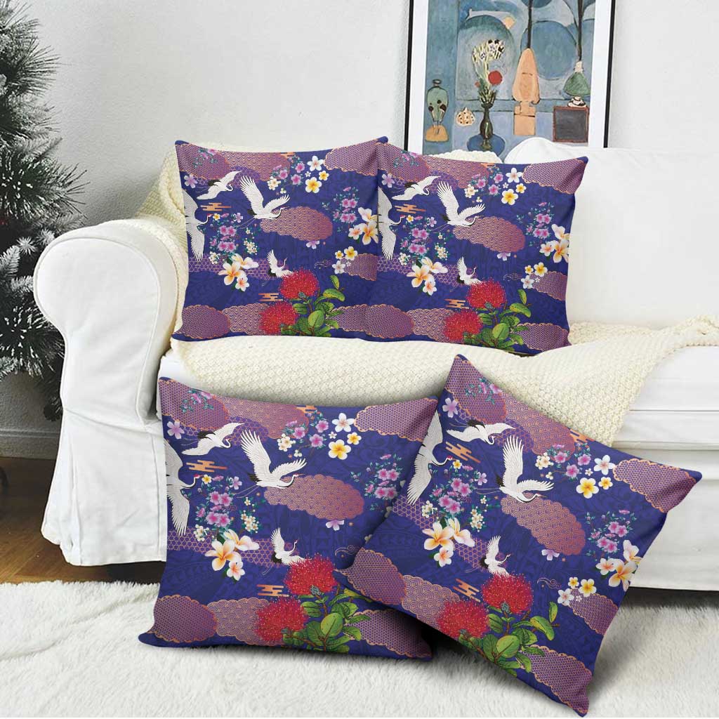 Hawaiian and Japanese Culture Together Pillow Cover Blue Ohia Lehua Plumeria and Sakura Blooming LT03 - Polynesian Pride