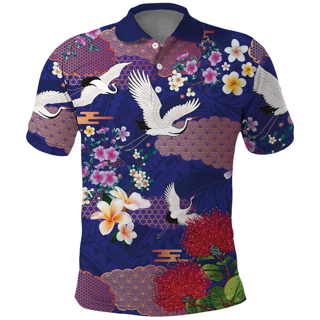 Hawaiian and Japanese Culture Together Polo Shirt Blue Ohia Lehua Plumeria and Sakura Blooming LT03 Blue - Polynesian Pride