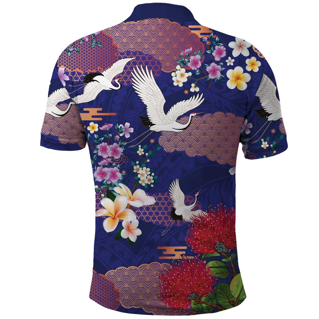 Hawaiian and Japanese Culture Together Polo Shirt Blue Ohia Lehua Plumeria and Sakura Blooming LT03 - Polynesian Pride