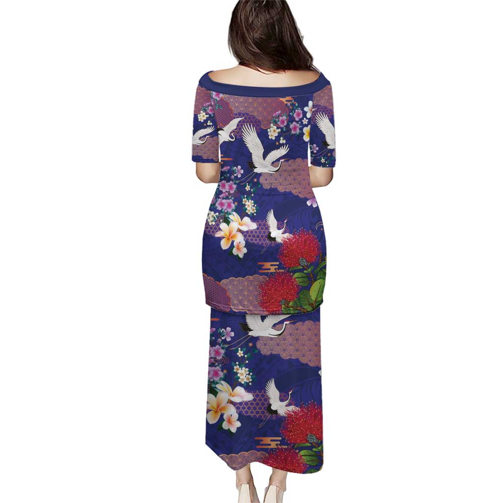 Hawaiian and Japanese Culture Together Puletasi Blue Ohia Lehua Plumeria and Sakura Blooming LT03 - Polynesian Pride
