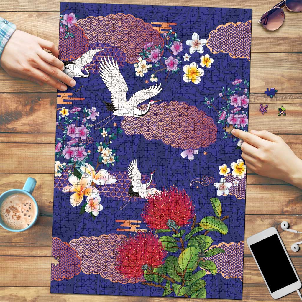 Hawaiian and Japanese Culture Together Puzzle Blue Ohia Lehua Plumeria and Sakura Blooming LT03 Blue - Polynesian Pride