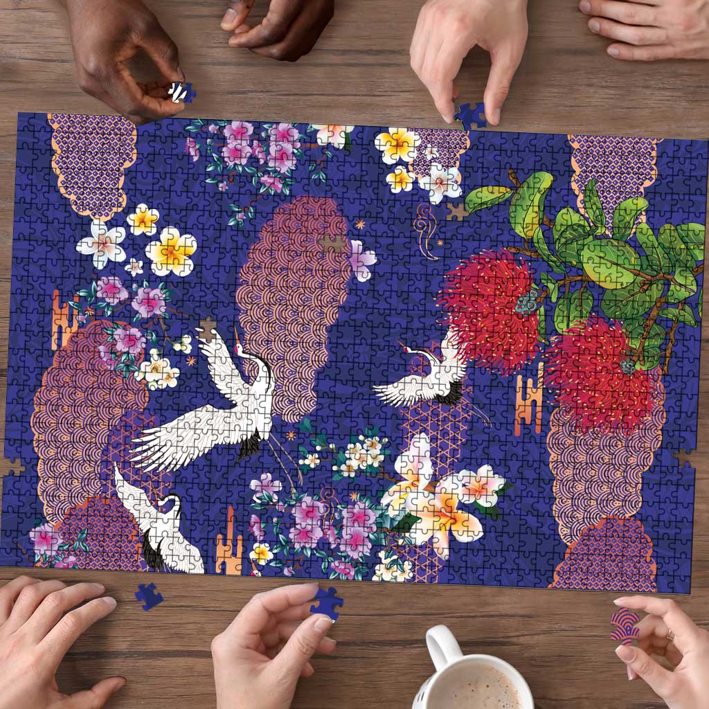 Hawaiian and Japanese Culture Together Puzzle Blue Ohia Lehua Plumeria and Sakura Blooming LT03 - Polynesian Pride