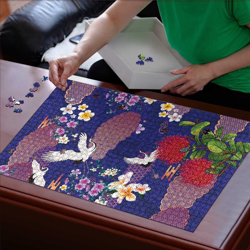 Hawaiian and Japanese Culture Together Puzzle Blue Ohia Lehua Plumeria and Sakura Blooming LT03 - Polynesian Pride