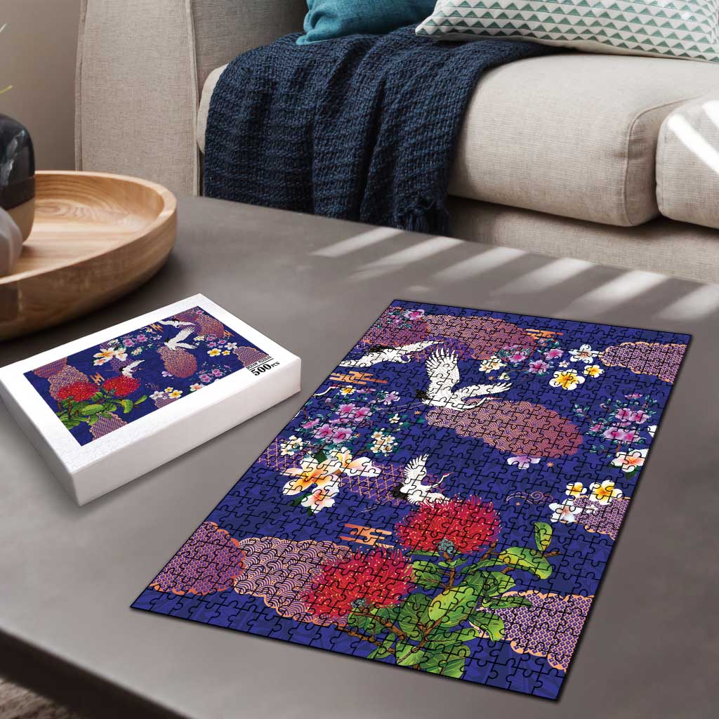 Hawaiian and Japanese Culture Together Puzzle Blue Ohia Lehua Plumeria and Sakura Blooming LT03 - Polynesian Pride
