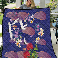 Hawaiian and Japanese Culture Together Quilt Blue Ohia Lehua Plumeria and Sakura Blooming LT03 Blue - Polynesian Pride