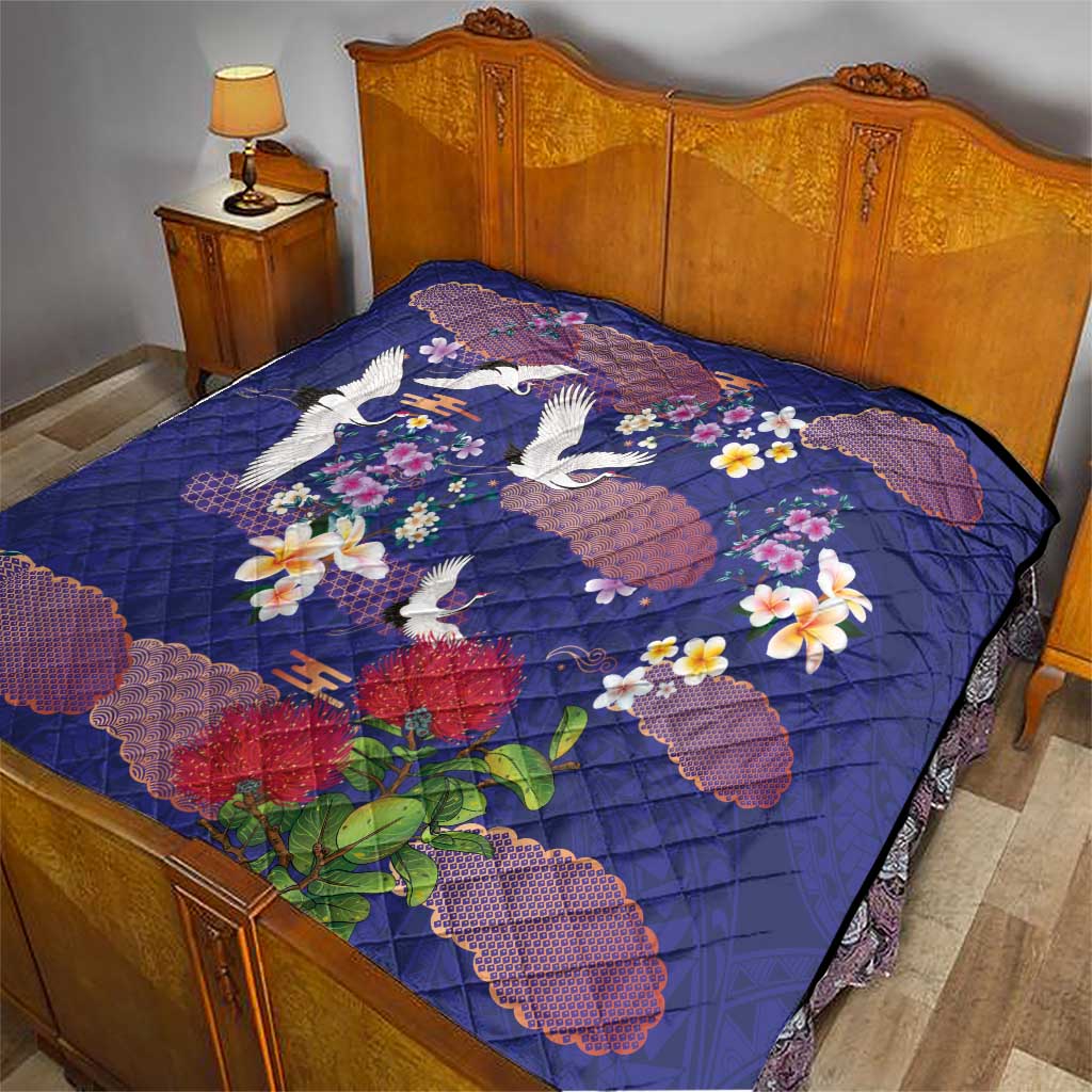 Hawaiian and Japanese Culture Together Quilt Blue Ohia Lehua Plumeria and Sakura Blooming LT03 - Polynesian Pride